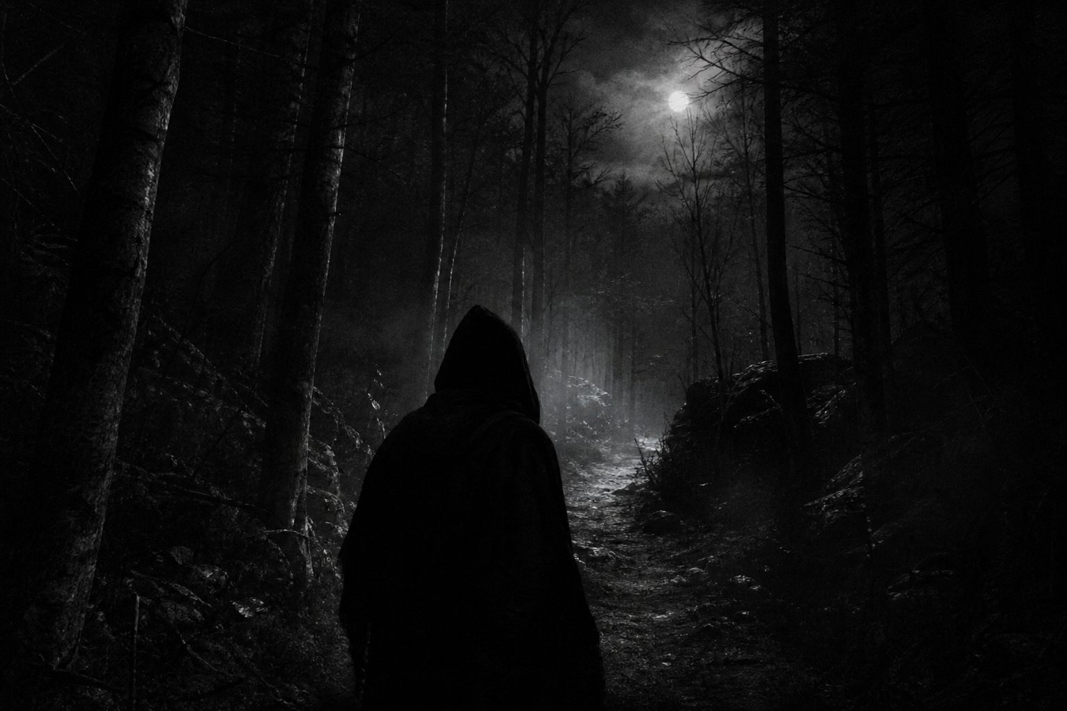 A hooded figure walking through a moonlit forest